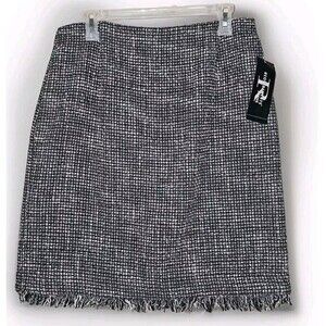 Requirements Petite Fringe Skirt 14P Gray Plaid Lined Fringe Hem Workwear Cabin